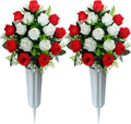 Set of 2 Artificial Cemetery Flowers with Vase, Artificial Grave Flowers Outdoor Memorial Rose Bouquets for Cemetery Headstone Graveyard Decor (Red White)