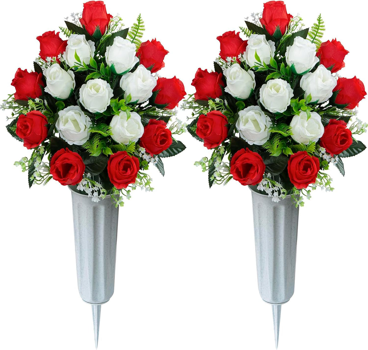 Set of 2 Artificial Cemetery Flowers with Vase, Artificial Grave Flowers Outdoor Memorial Rose Bouquets for Cemetery Headstone Graveyard Decor (Red White)