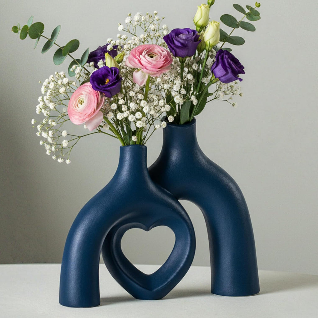 Liotww Ceramic Flower Vase Navy Blue Heart Shaped Home Decor Vase