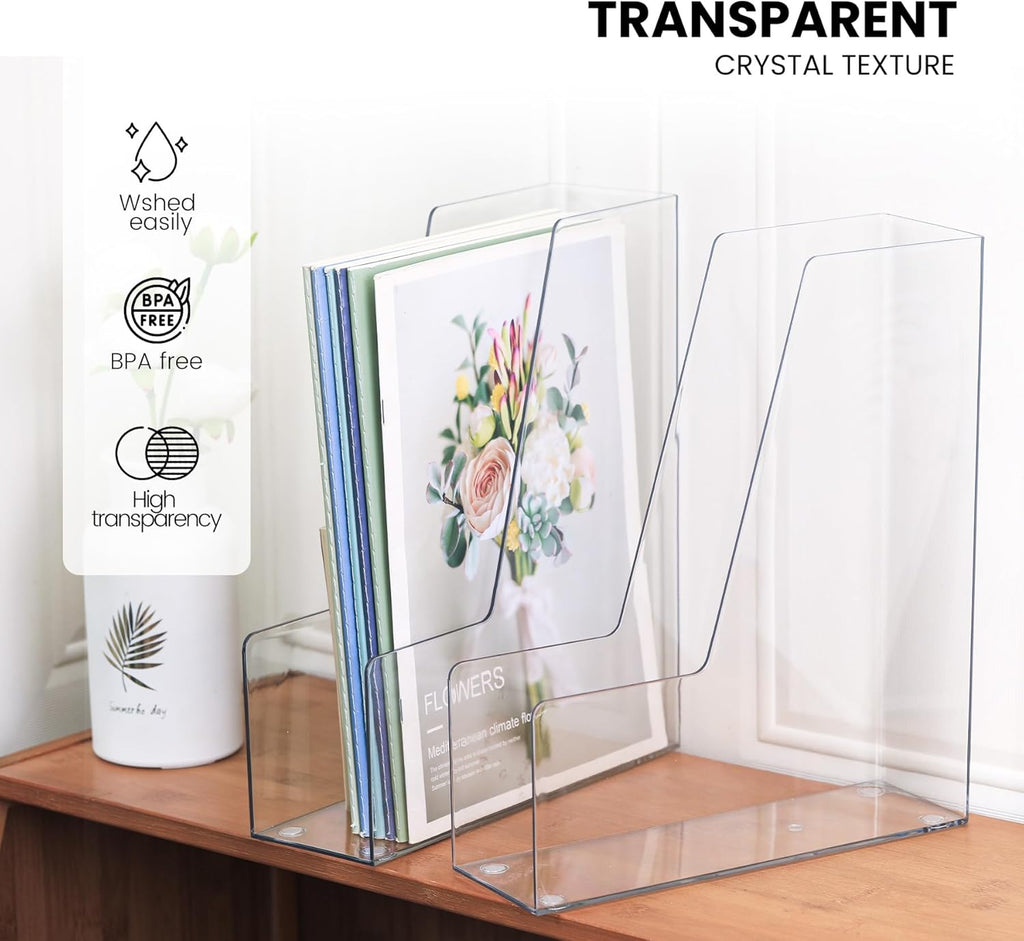 Vertical Magazine File Holder, Clear File Organizer Desk Organizer and Storage Bins Holding for Magazines, Binders, Notebooks, Envelopes, Plastic Office Organization and Storage for Desk, 4 Pack