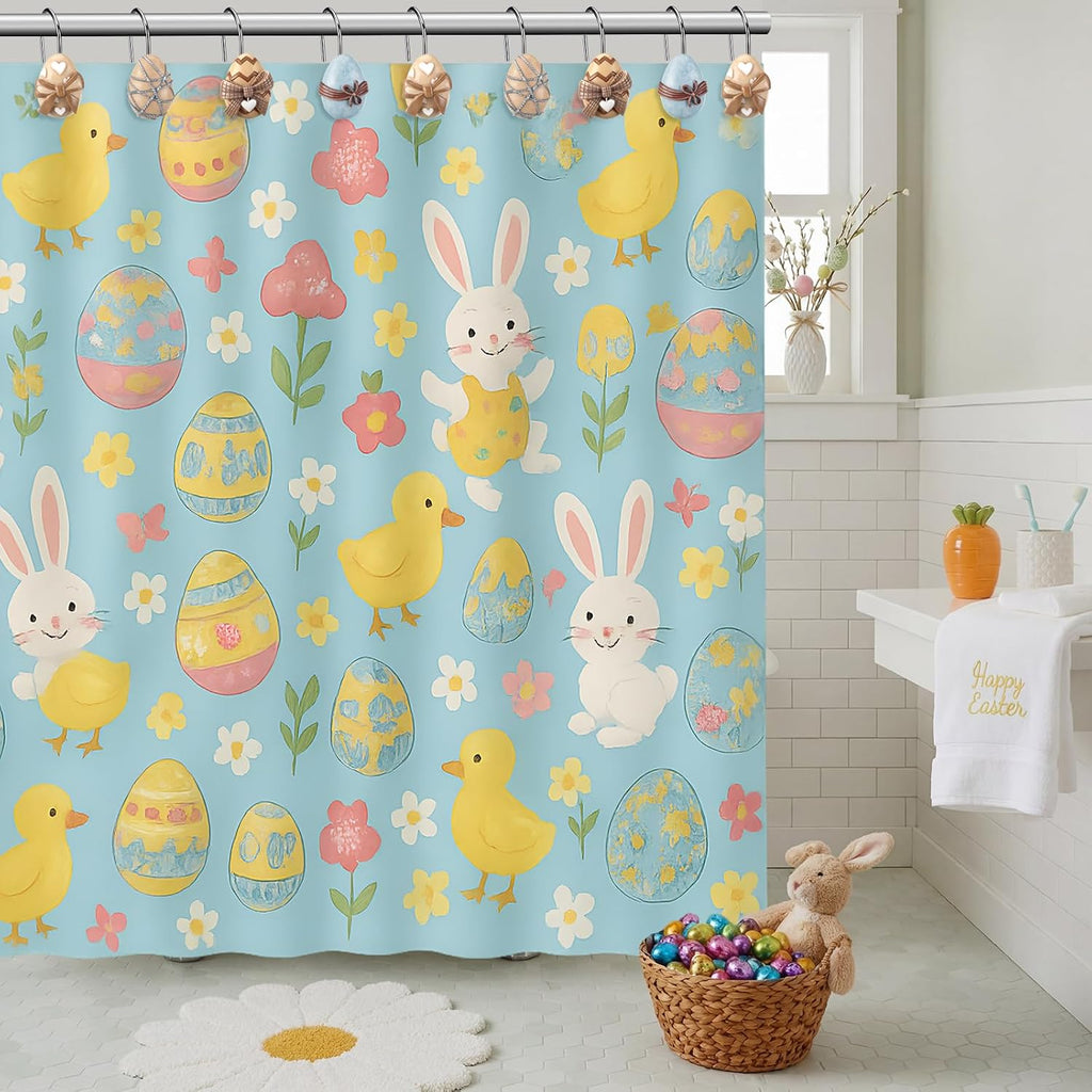 Colingmill 12 Pcs Easter Shower Curtain Hooks Easter Egg Shower Curtain Hooks Vintage Egg Bathroom Rust Resistant Decor Rings for Holiday Bathroom Bedroom Farmhouse Decorations