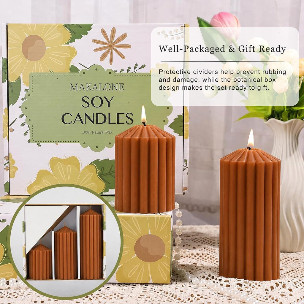 Ribbed Decorative Pillar Candles, 3 Pack,2.8 x 4/6/8 Inch, Burnt Orange