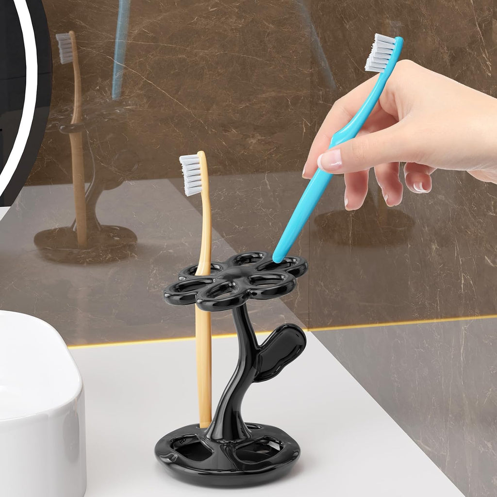 Flower Ceramic Tooth Brush Holders for Bathroom, Upgraded Large Slots Toothbrush Holder Organizer for Manual Brushes & Art Paintbrushes, Aesthetic Vanity Decor, Non-Tip Sturdy Base, 6 Slots （Black）