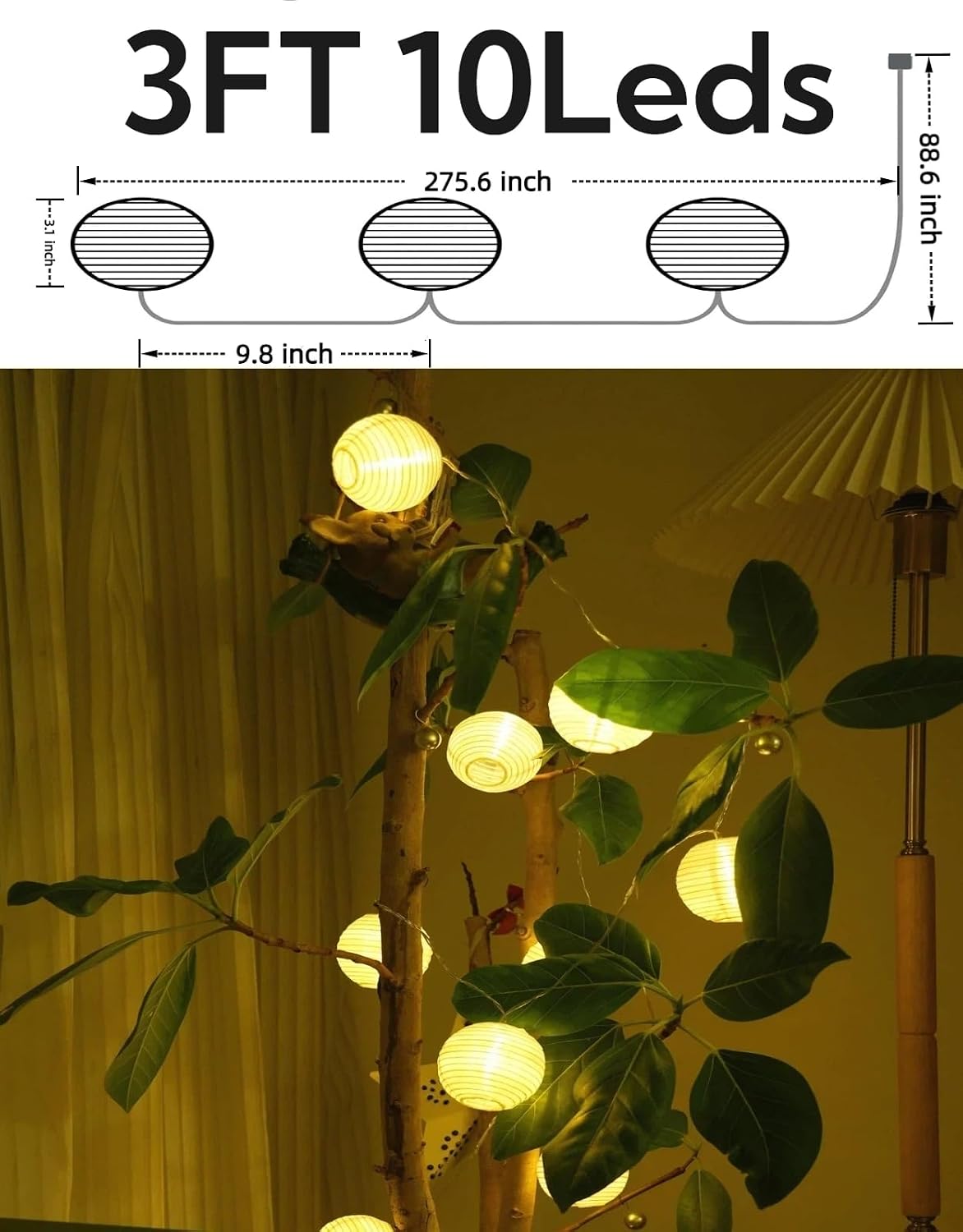 Lantern String Lights 10FT 10Leds Battery Powered, Cozy Fashionable Globe String Lights for Bedroom with Timer Room Decoration for Dorm, Plants, Bed Frame(Lanterns Need Simple Assembly)