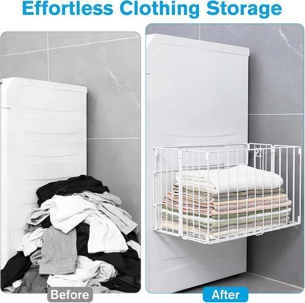 Magnetic Collapsible Laundry Basket, Foldable Metal Laundry Hamper for Washing Machine Side, Space Saving Pop Up Hamper, Laundry Room Organization and Storage (White)