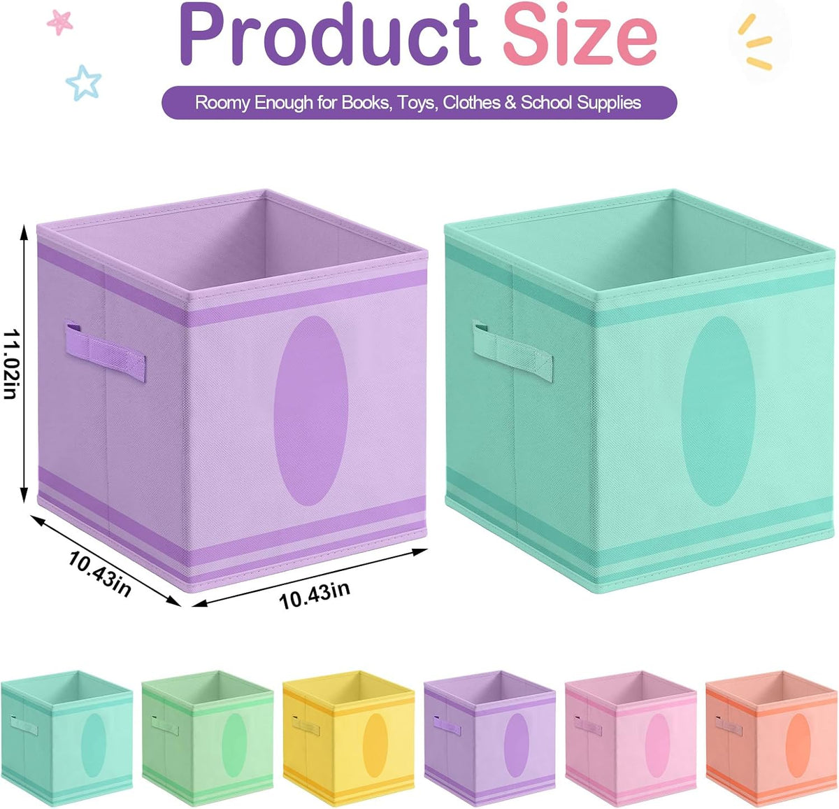 Glooglitter 6 Pack 11 Inch Crayon Fabric Storage Cube with Handles Pastel Collapsible Bin Classroom Must Have Foldable Colorful Closet Bin Basket for Nursery Classroom School Playroom Shelves