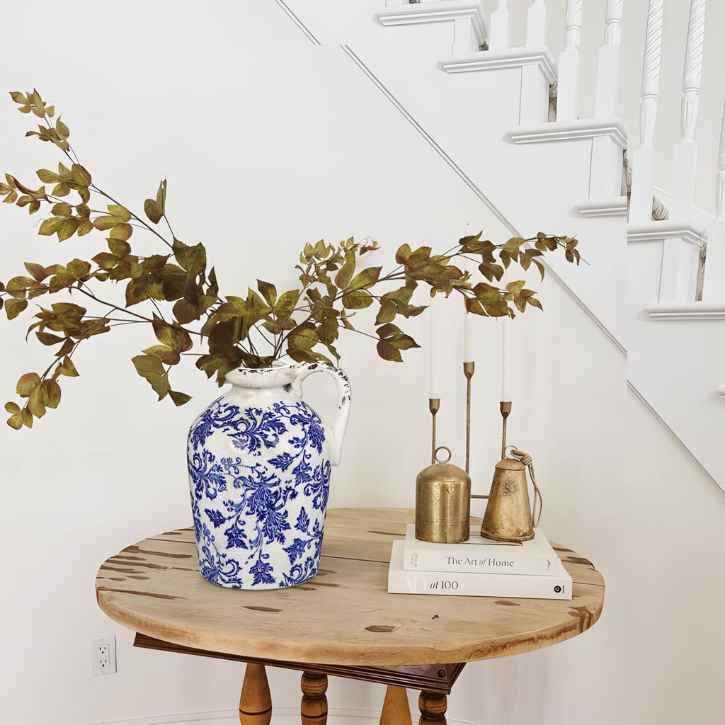 Ceramic Rustic Farmhouse Vase, 9 inch Ceramic Blue and White Vase for Centerpieces Pampas Grass Pottery Jug with Handle Boho Chinoiserie Decor Vintage Vases for Living Room Kitchen Dinner Table Shelf