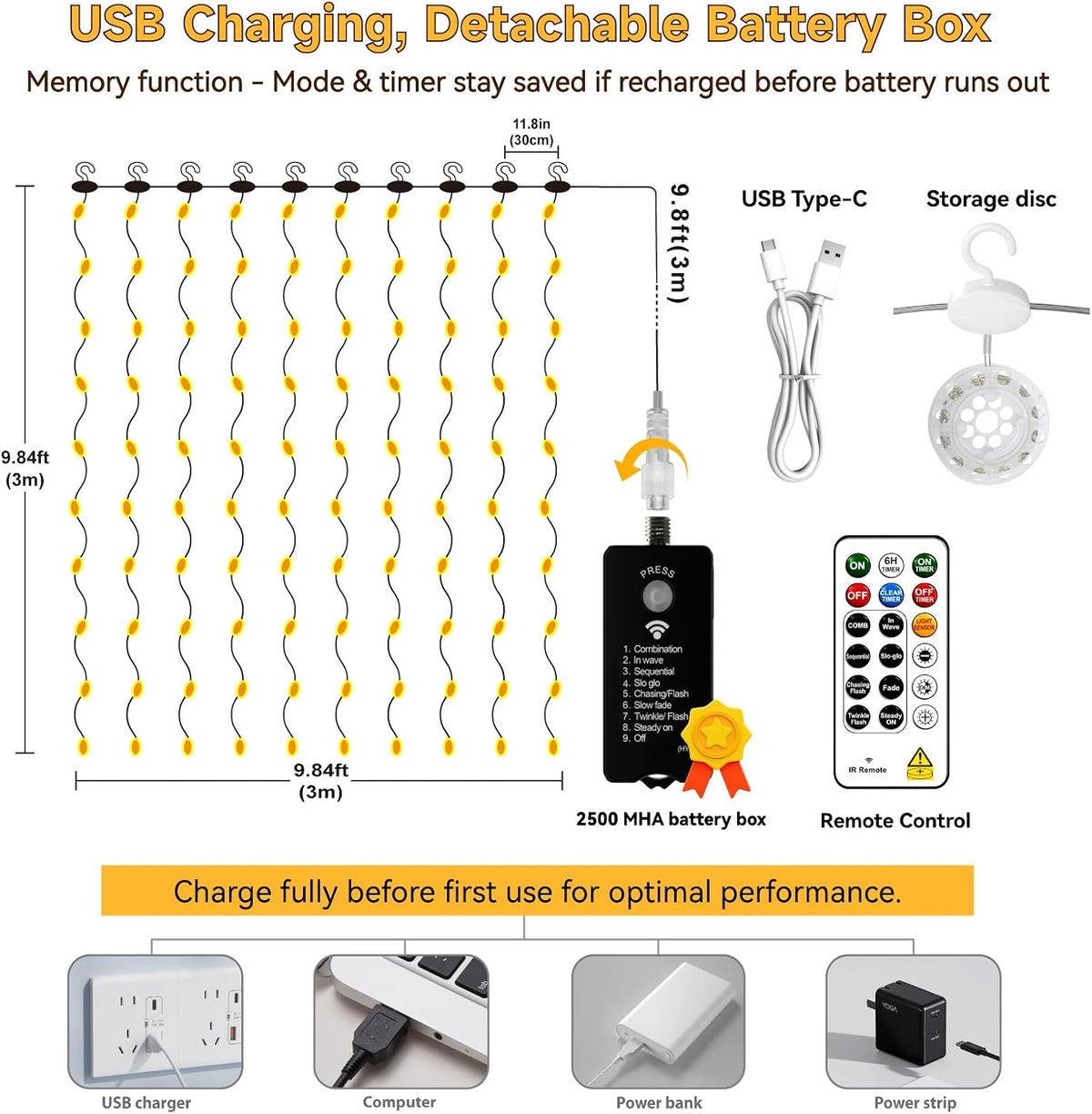 HXWEIYE Rechargeable 300LED Curtain Lights Battery Powered,9.8x9.8Ft,Remote