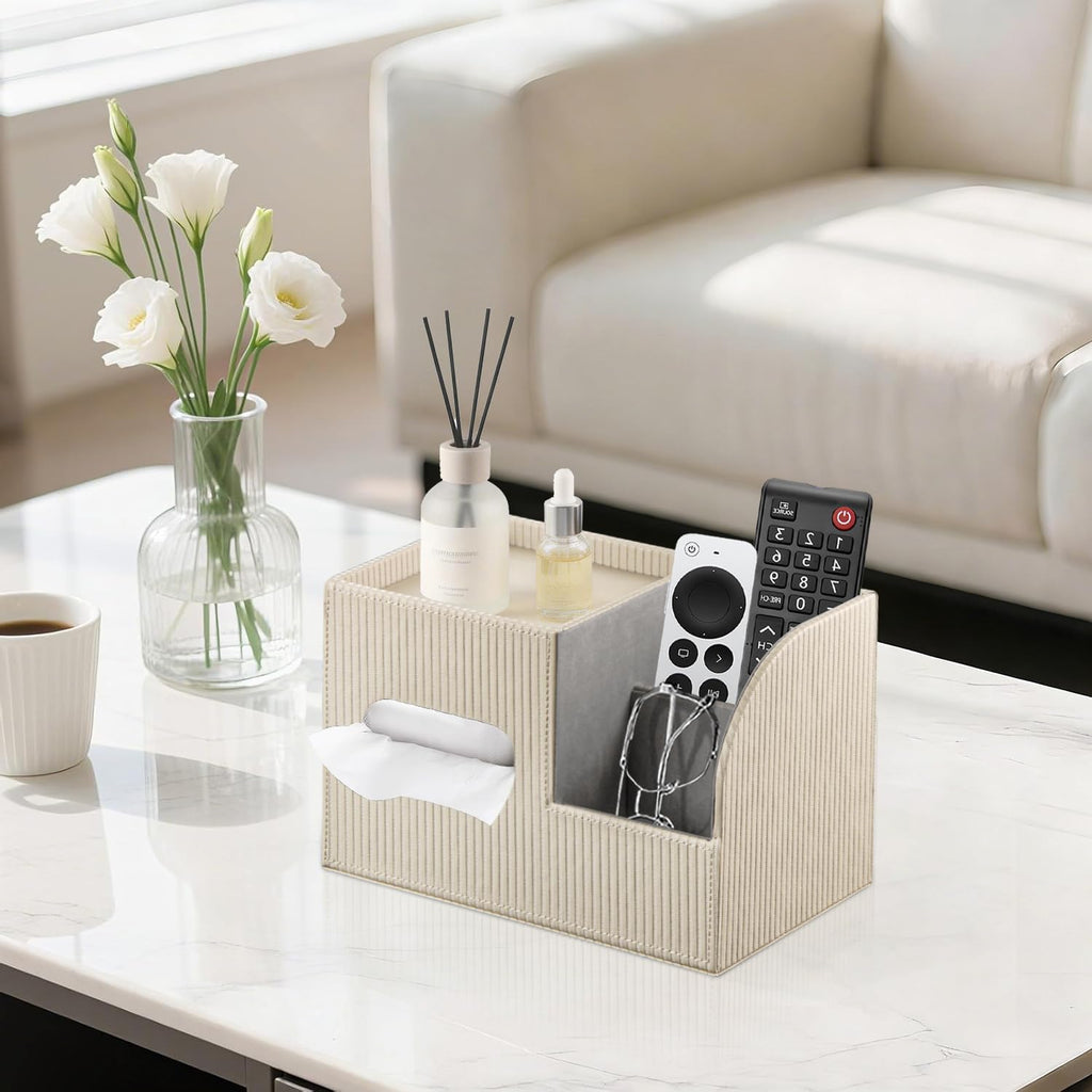 PU Leather Tissue Box Cover with Storage Tray, Cube Facial Tissue Holder