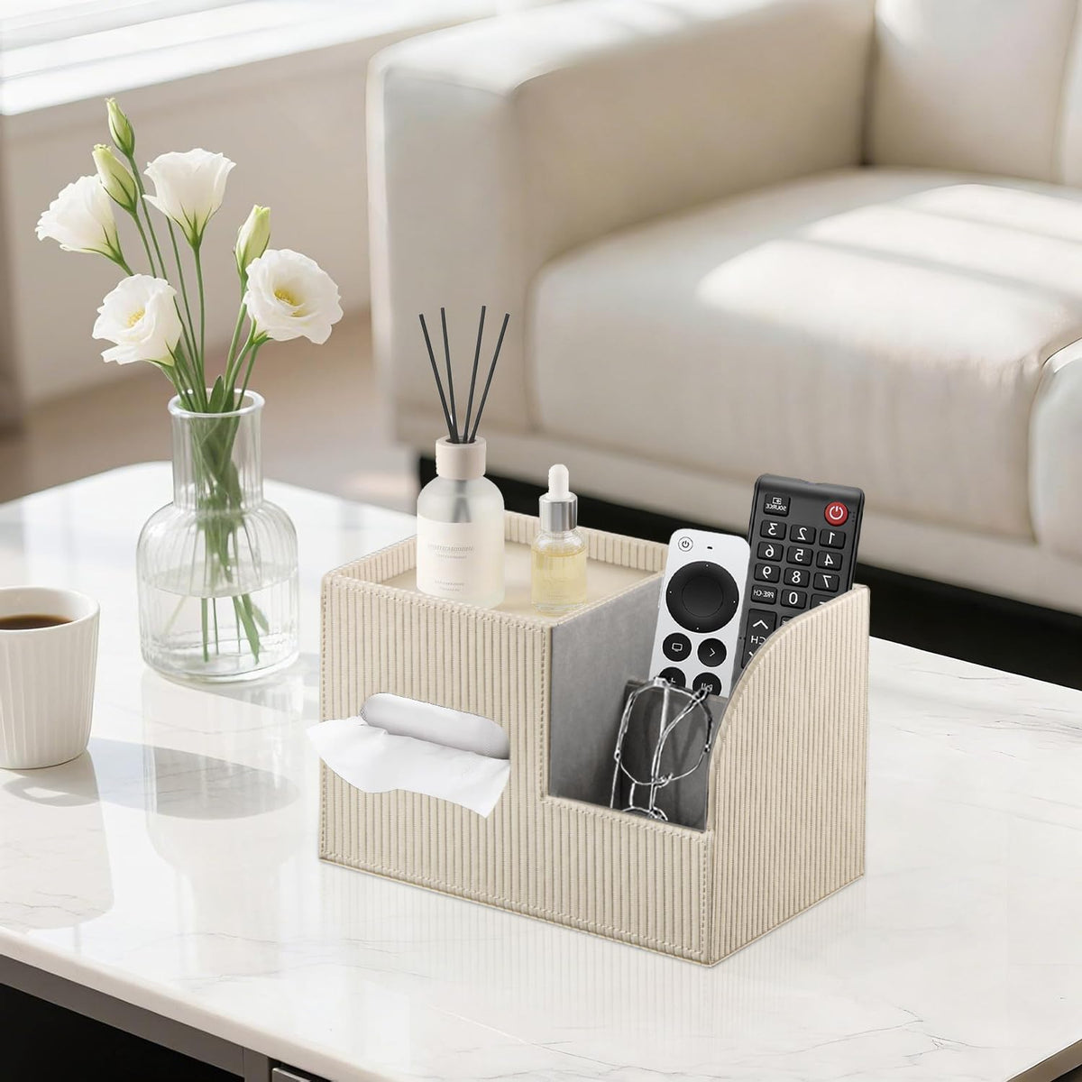 PU Leather Tissue Box Cover with Storage Tray, Cube Facial Tissue Holder