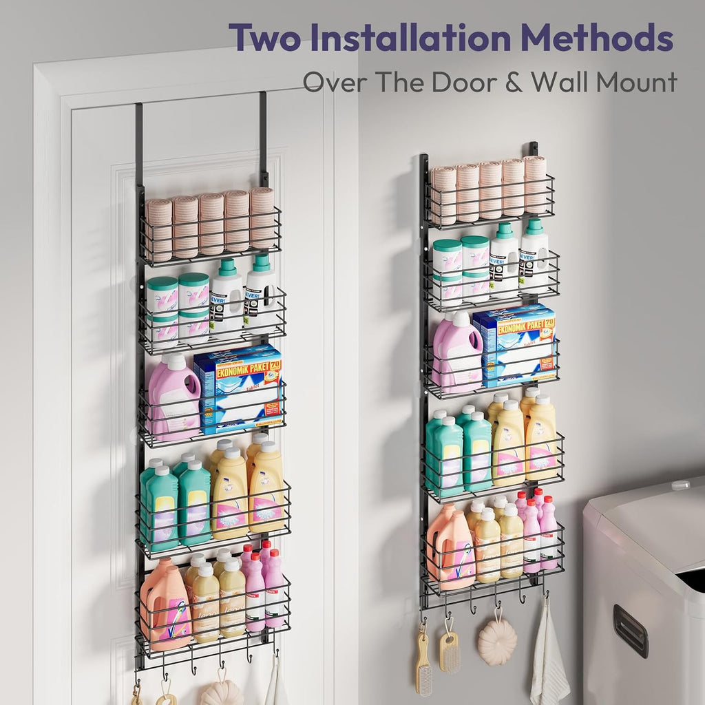SWTYMIKI Over The Door Organizer - Door Organizer Hanging with 5 Adjustable Metal Large Capacity Basket and 6 Coat Hook, Wall Mounted Shelf for Bedroom Closet Bathroom Laundry Pantry Cabinet Kitchen