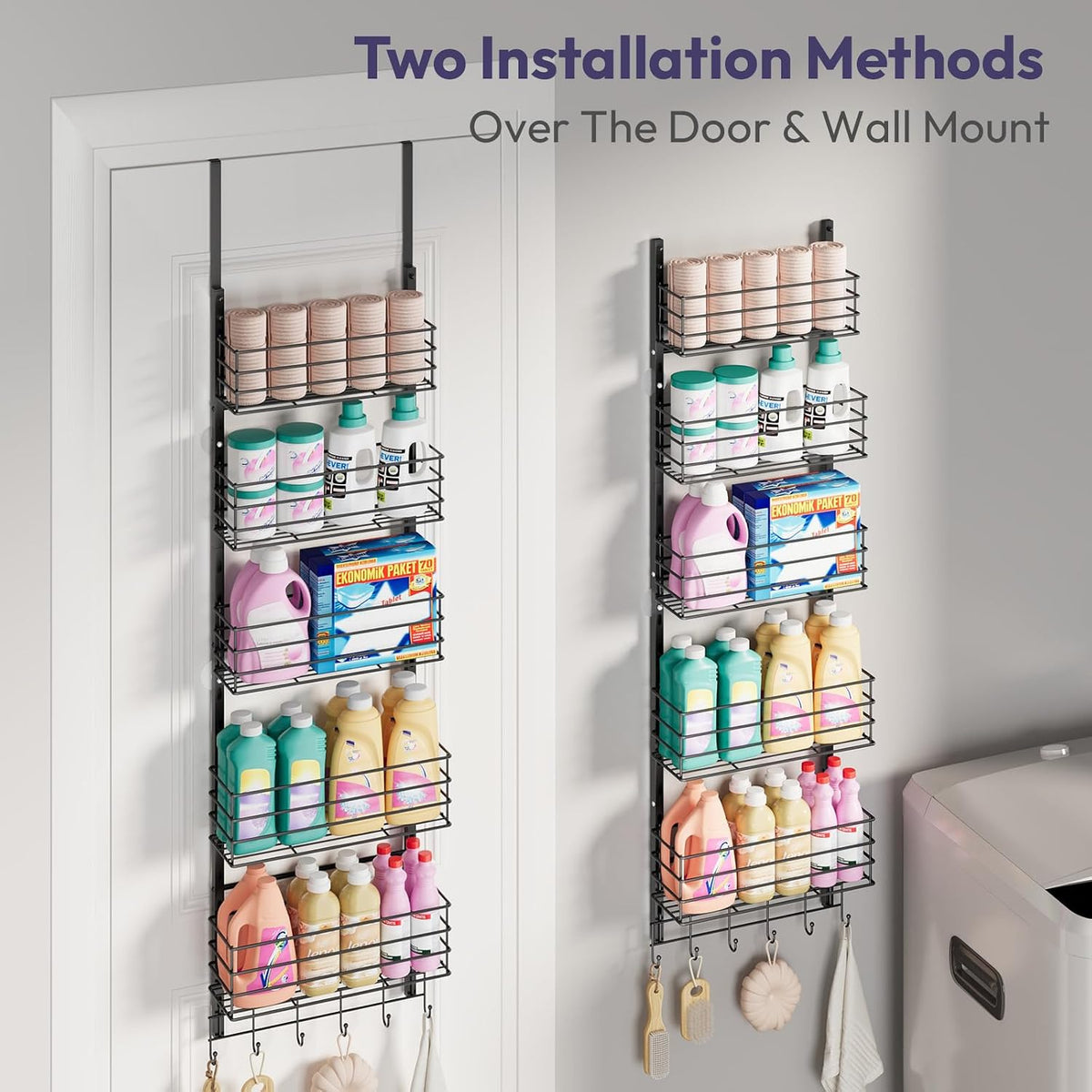 SWTYMIKI Over The Door Organizer - Door Organizer Hanging with 5 Adjustable Metal Large Capacity Basket and 6 Coat Hook, Wall Mounted Shelf for Bedroom Closet Bathroom Laundry Pantry Cabinet Kitchen