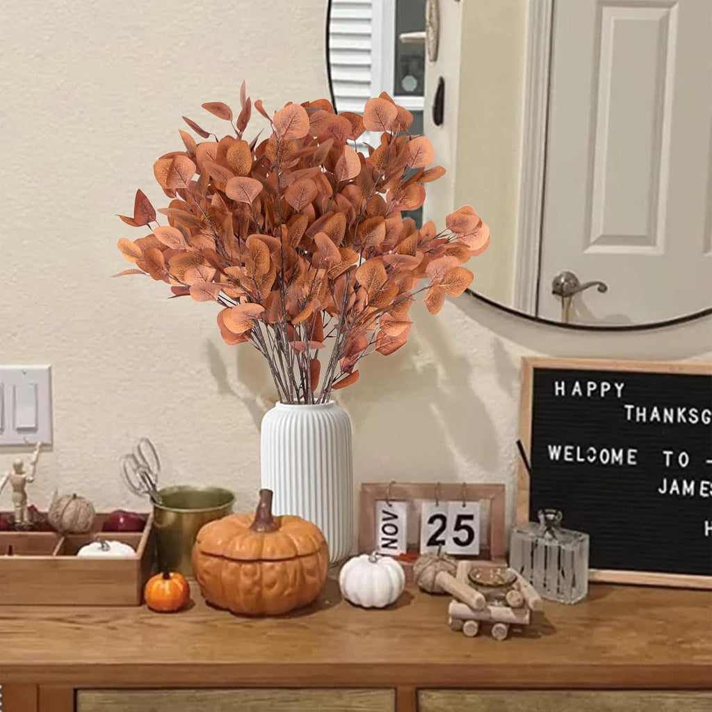 6 Pcs Fall Artificial Eucalyptus Stems Fall Decorations with Eucalyptus Leaf Branches for Indoor Home Autumn Festival Thanksgiving Decor(Dark Brown)