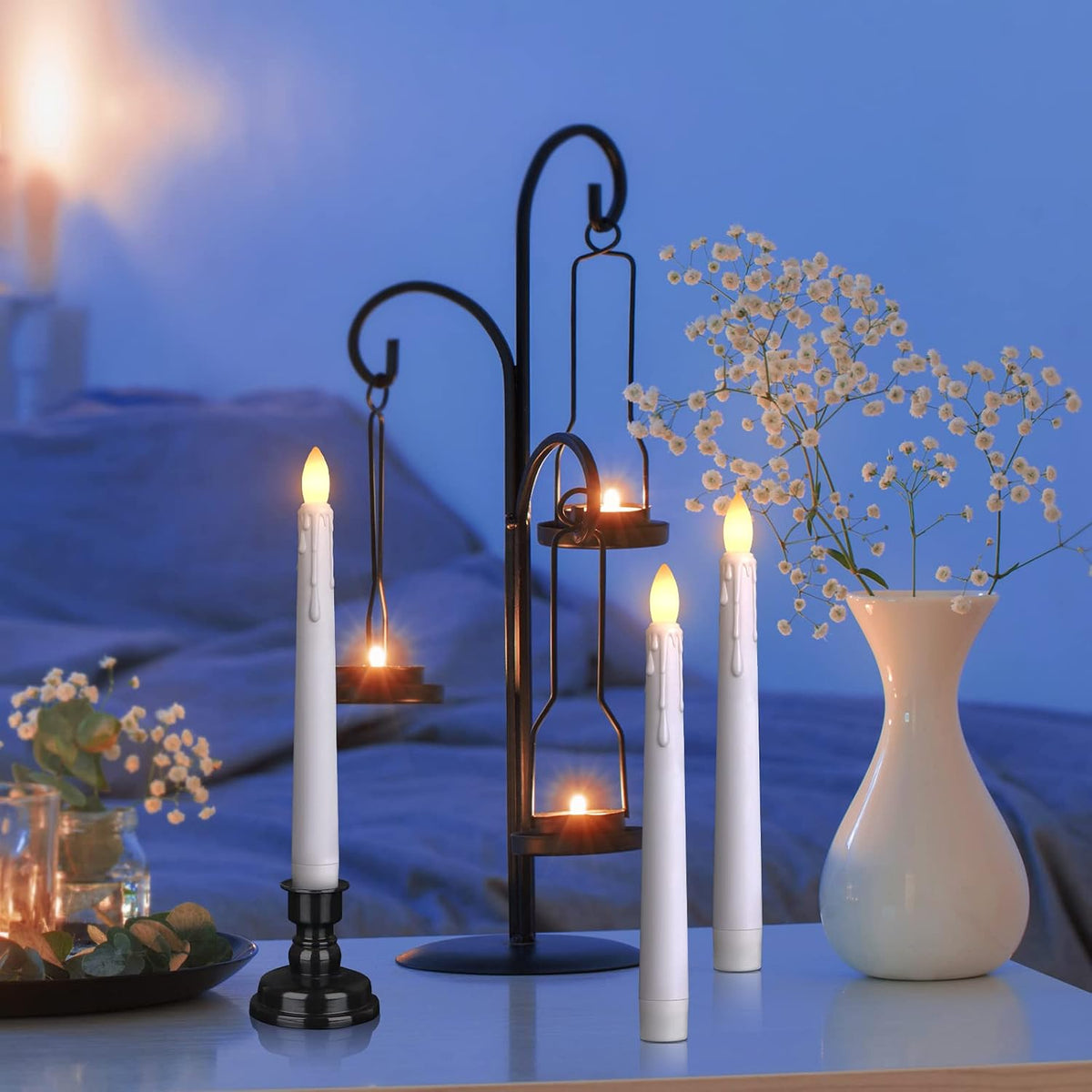 Daord LED Battery Operated Window Candle with Remote & Timer Flickering Warm Light Christmas Flameless Taper Candles for Party Holiday Wedding Home Table Decoration (Pack of 6,White+Black Holder(A))…