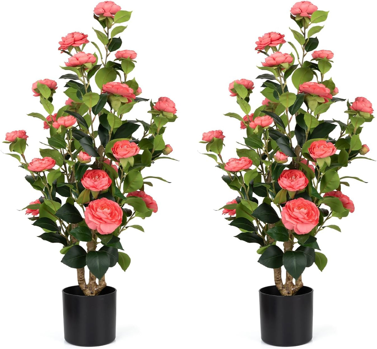 Romantic Season 2Pack Artificial Camellia Tree 3FT, Pink Faux Camellia Plant Fake Potted Camellia Flower Tree Plastic Camellia Tree for Modern Home Office Living Room Floor Décor Indoor