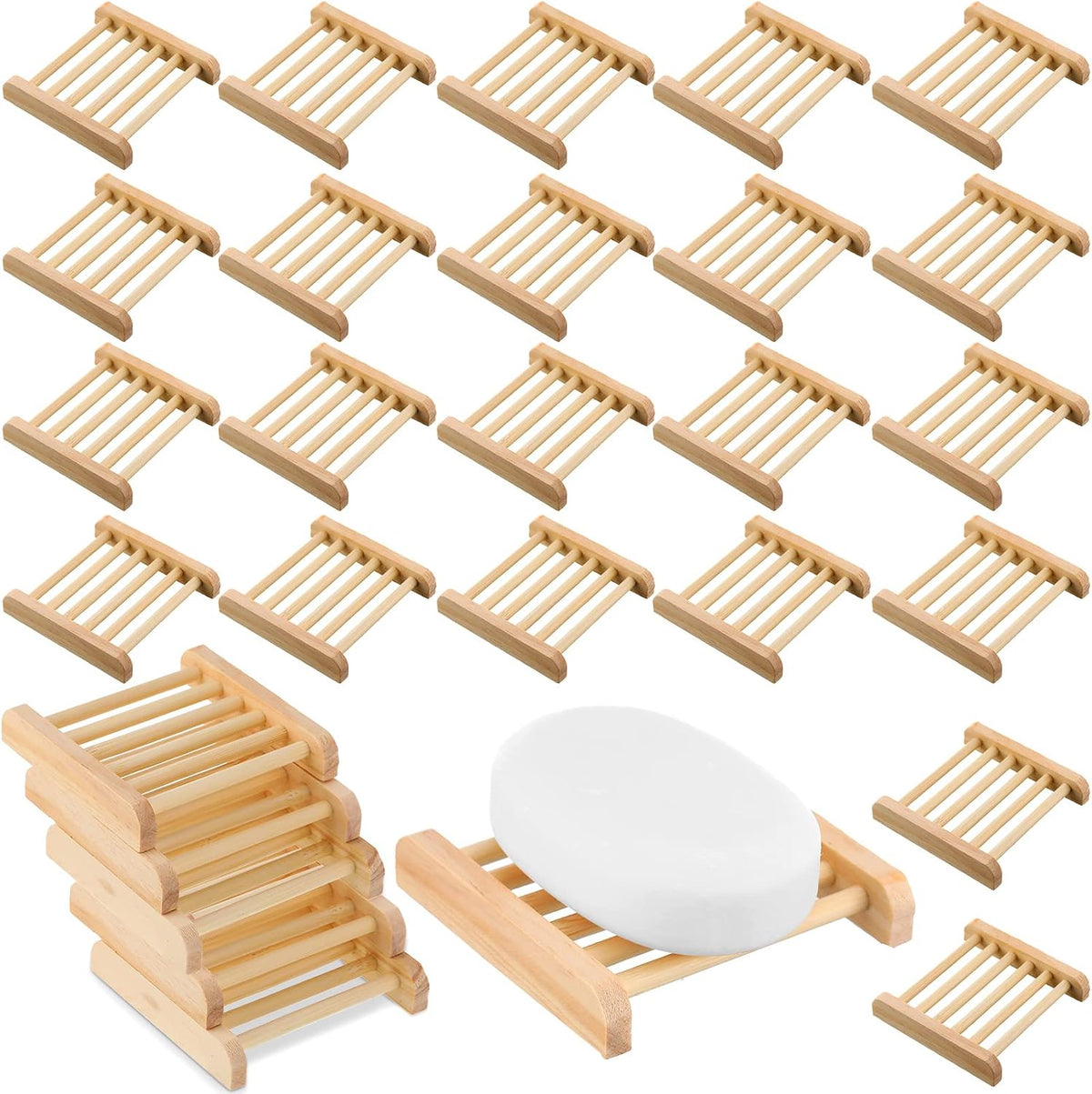 Amyhill 50 Pcs Bamboo Soap Dish Bulk Soap Holder Draining,Wooden Color