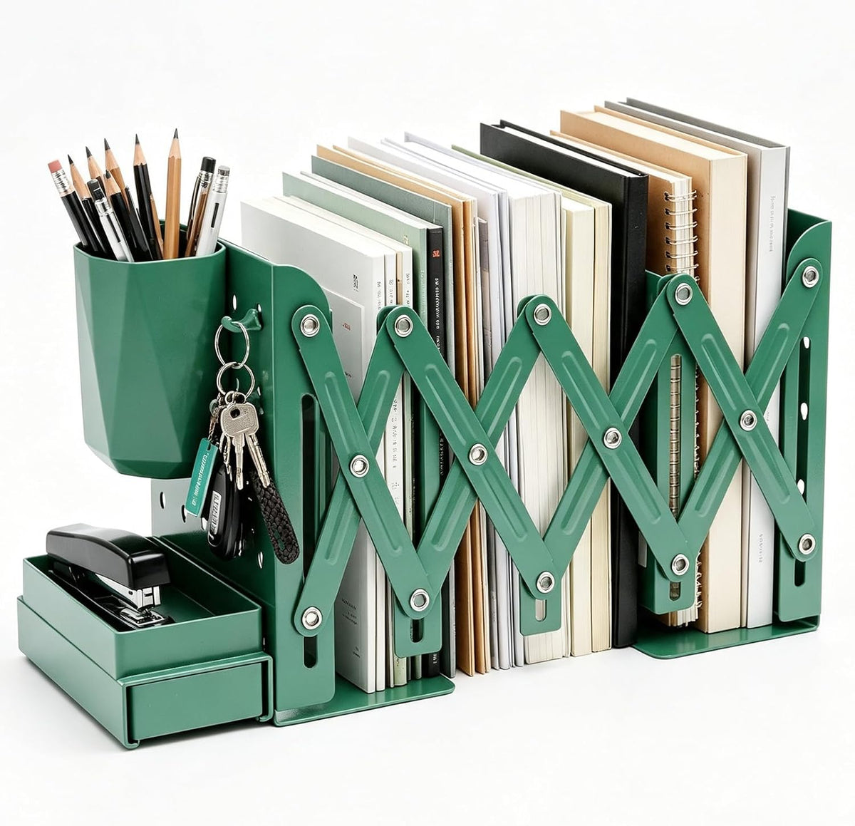 Adjustable Book Ends, Metal Bookends with Pegboard Book Holders Organizer