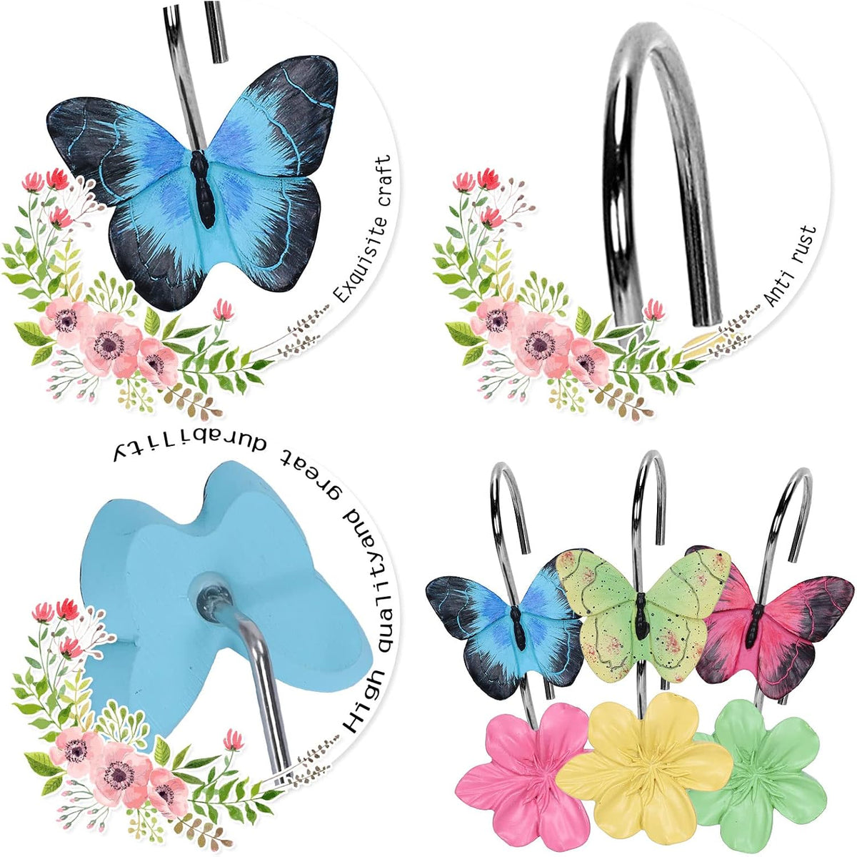 Whaline 12Pcs Spring Floral Butterfly Shower Curtain Hooks Colorful Resin Pendants Accessories Flower Butterfly Decorative Curtain Hanger Anti Rust Hooks for Home Bathroom Bedroom, 6 Designs