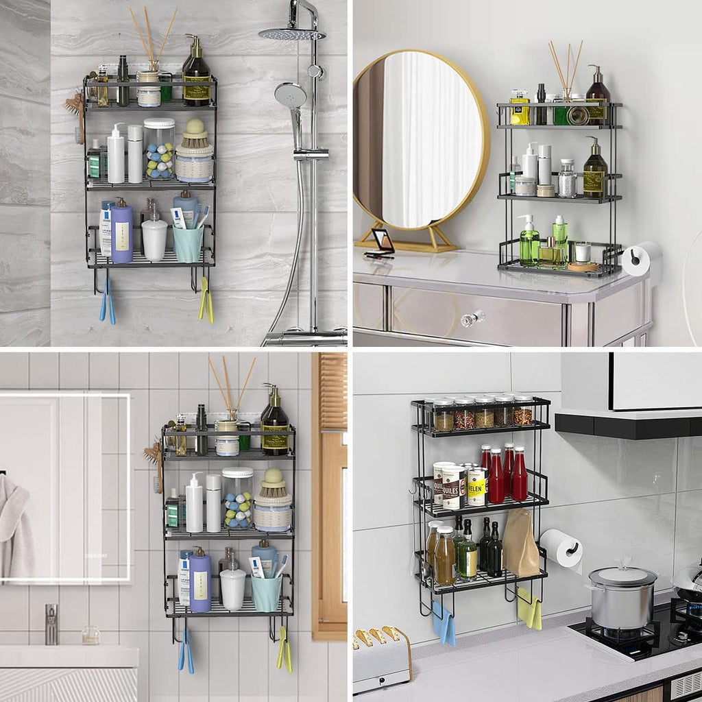 FLOLXNB Over The Toilet Storage Shelf, 3-Tier Bathroom Storage Organizer Upgrade Punch-Free Toliet Storage Shelf, Home Storage Rack with Hooks Shelf,Black