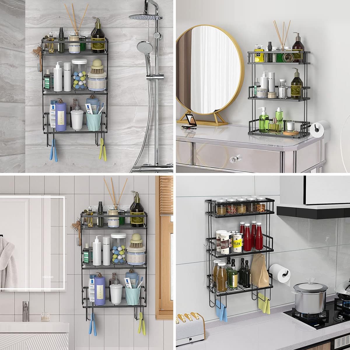FLOLXNB Over The Toilet Storage Shelf, 3-Tier Bathroom Storage Organizer Upgrade Punch-Free Toliet Storage Shelf, Home Storage Rack with Hooks Shelf,Black