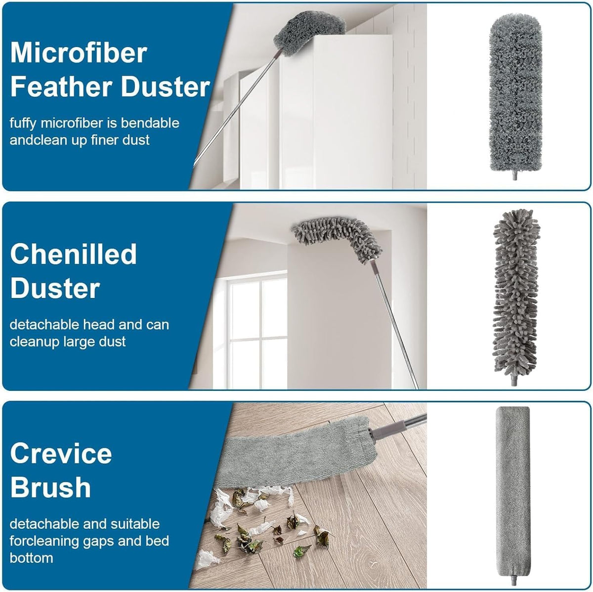 7 Pcs Microfiber Feather Duster with 100-inch Telescopic Extendable Pole, Washable and Reusable Cobweb Duster Kit, Dusters for Cleaning High Ceiling,Fan,Furniture,Blinds
