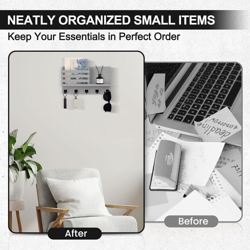 Key Holder Wall Mount, Mail Organizer for Wall with 5 Square Key Hooks
