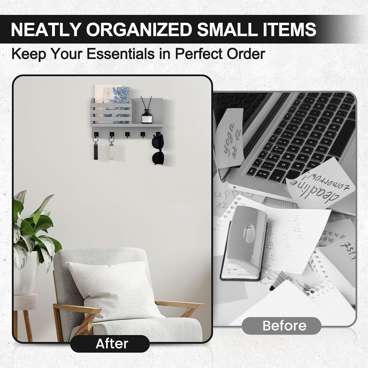 Key Holder Wall Mount, Mail Organizer for Wall with 5 Square Key Hooks