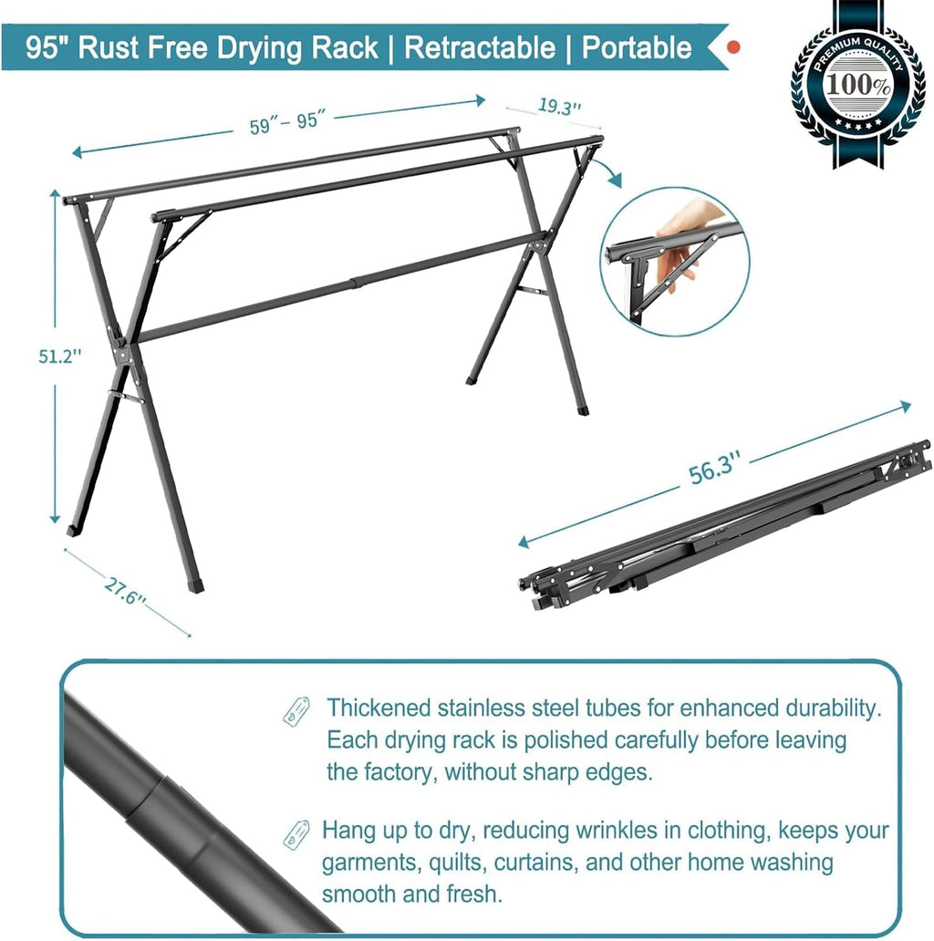 JAUREE 95 Inches Clothes Drying Rack, Drying Rack Clothing Folding Indoor Outdoor, Heavy Duty Stainless Steel Laundry Drying Rack, Foldable Portable Clothes Rack Garment Rack with 20 Hooks Black