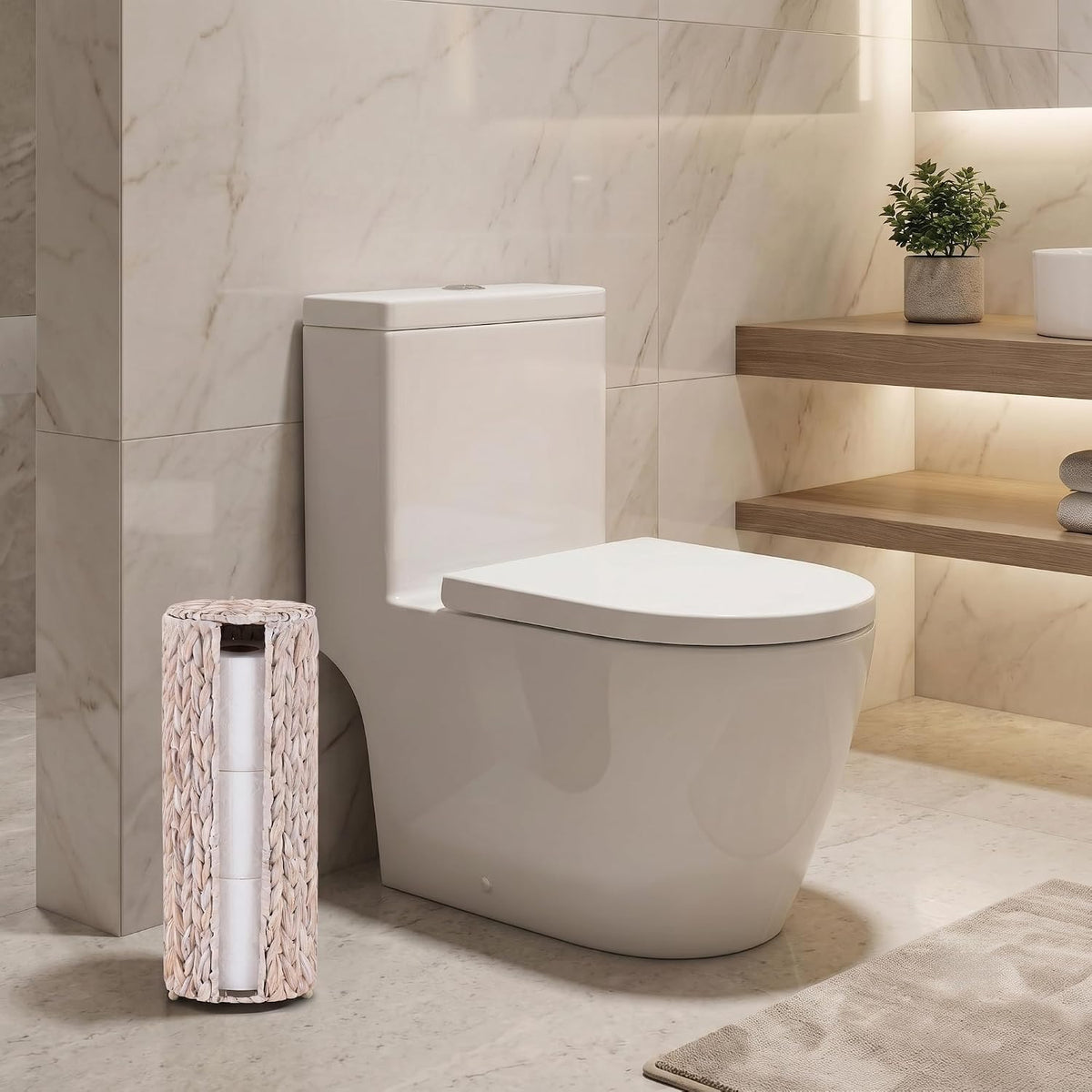 PINXIURY Water Hyacinth Paper Roll Holder, Wicker Toilet Paper Holder Stand for Bathroom, Toilet Roll Holder Stand for Bathroom and Under Sink, 3 Rolls of Toilet Paper Storage, Whitewash