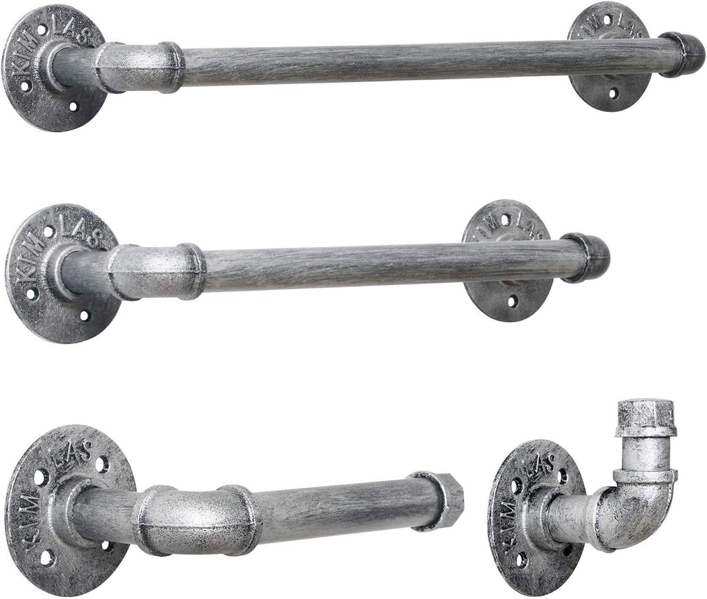 HouseAid 4-Pieces Industrial Pipe Towel Holder Set, Rustic Steel Towel Rack Kit, Farmhouse Vintage Style Towel Bar Accessories for Bathroom, Wall Mounted, Antique Silver
