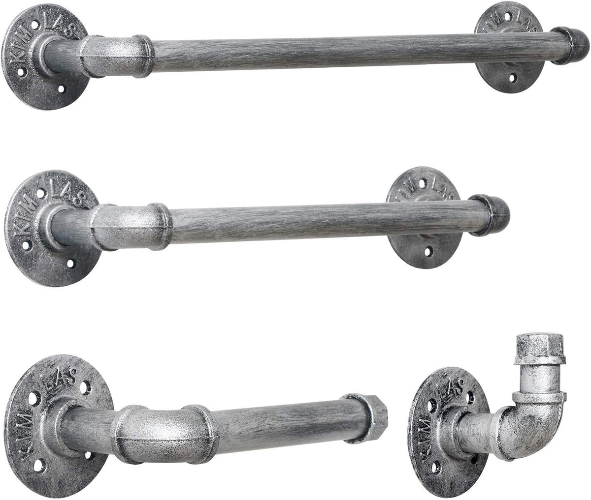 HouseAid 4-Pieces Industrial Pipe Towel Holder Set, Rustic Steel Towel Rack Kit, Farmhouse Vintage Style Towel Bar Accessories for Bathroom, Wall Mounted, Antique Silver