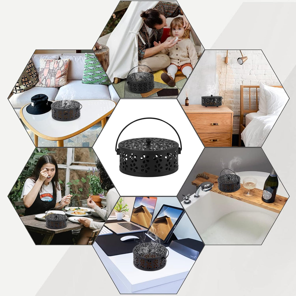 Portable Iron Mosquito Coil Holder with Handle for Outdoor, Black