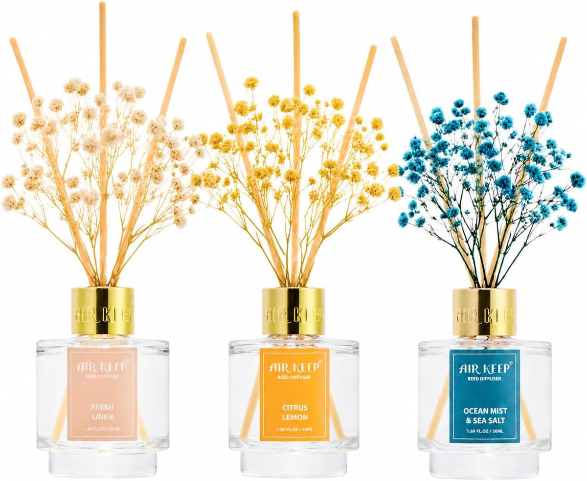 Airkeep Reed Diffuser Set of 3,Fresh Linen Ocean Mist&Sea Salt Citrus Lemon Oil Reed Diffusers for Bedroom Living Room Office Aromatherapy Oil Reed Diffuser for Gift 50ml x 3