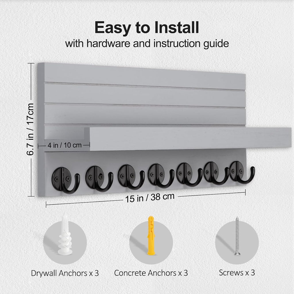 Lwenki Key Holder Wall Mount, Entryway Key and Mail Holder with 7 Sturdy Hooks for Sunglasses, Dog Leash, Decorative Wall Shelf with Mounting Hardware, 15”W x 6.7”H x 4.2”D (Gray)