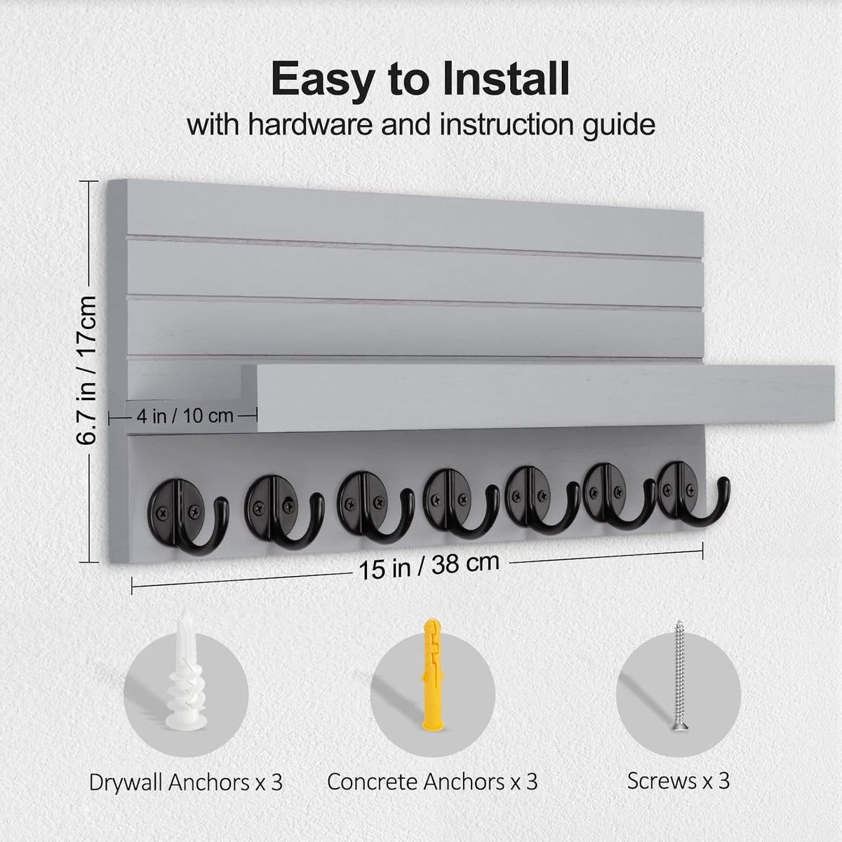 Lwenki Key Holder Wall Mount, Entryway Key and Mail Holder with 7 Sturdy Hooks for Sunglasses, Dog Leash, Decorative Wall Shelf with Mounting Hardware, 15”W x 6.7”H x 4.2”D (Gray)