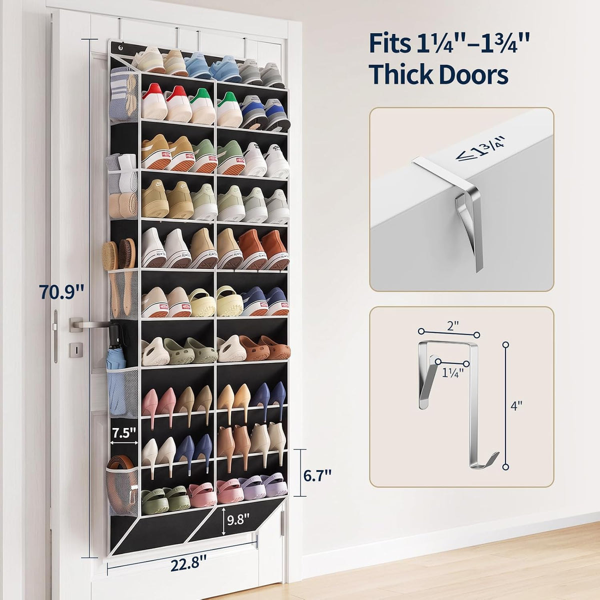 Yecaye Over the Door Shoe Organizer, 10-Tier design, Holds 30 Pairs, Black