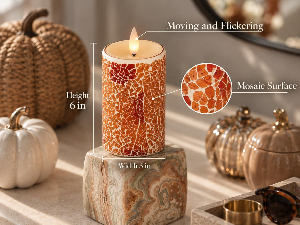 Glass Flameless Pillar Candles Flickering with Remote Timer, Battery Operated LED 3D Moving Flame Real Wax Candles,Remote Included (Crimson Orange Cracked Glass)