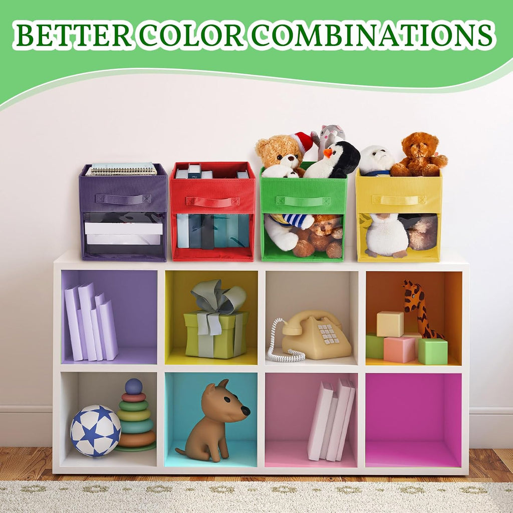 Marsui 8 Pcs Cube Storage Bins with Clear Window 11'' Daycare Storage Cube Organizer Bins for Closet Kid Nursery Playroom with Handle Fabric Collapsible Storage Cubes(Red, Yellow, Dark Blue, Green)