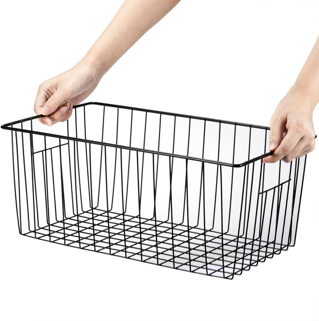 16inch Freezer Wire Storage Organizer Baskets, Household Refrigerator Bin with Built-in Handles for Cabinet, Pantry, Closet, Bedroom Black,4pack