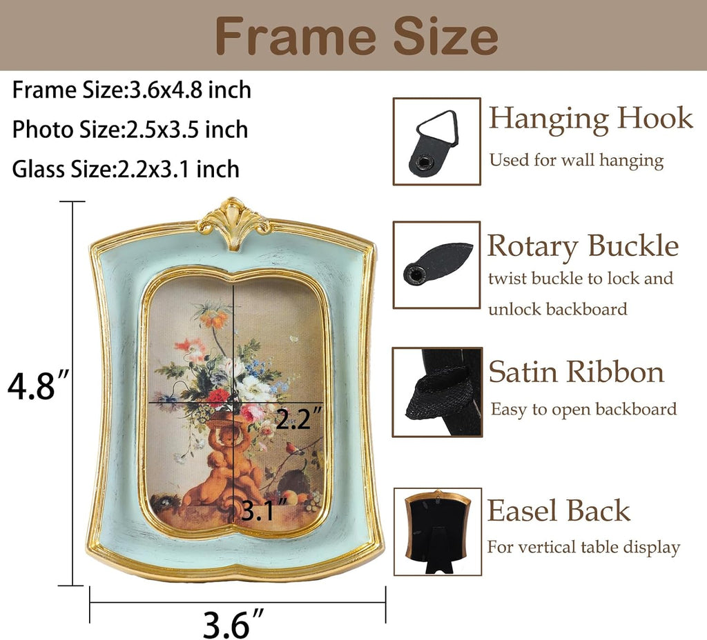 Vintage Picture Frame 2.5x3.5 Antique Ornate Photo Frame Tabletop and Wall Hanging, Decorative Retro Design Home Decor, Old-Fashioned Photo Gallery Art, Sage Green