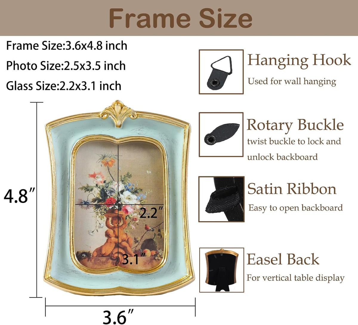 Vintage Picture Frame 2.5x3.5 Antique Ornate Photo Frame Tabletop and Wall Hanging, Decorative Retro Design Home Decor, Old-Fashioned Photo Gallery Art, Sage Green