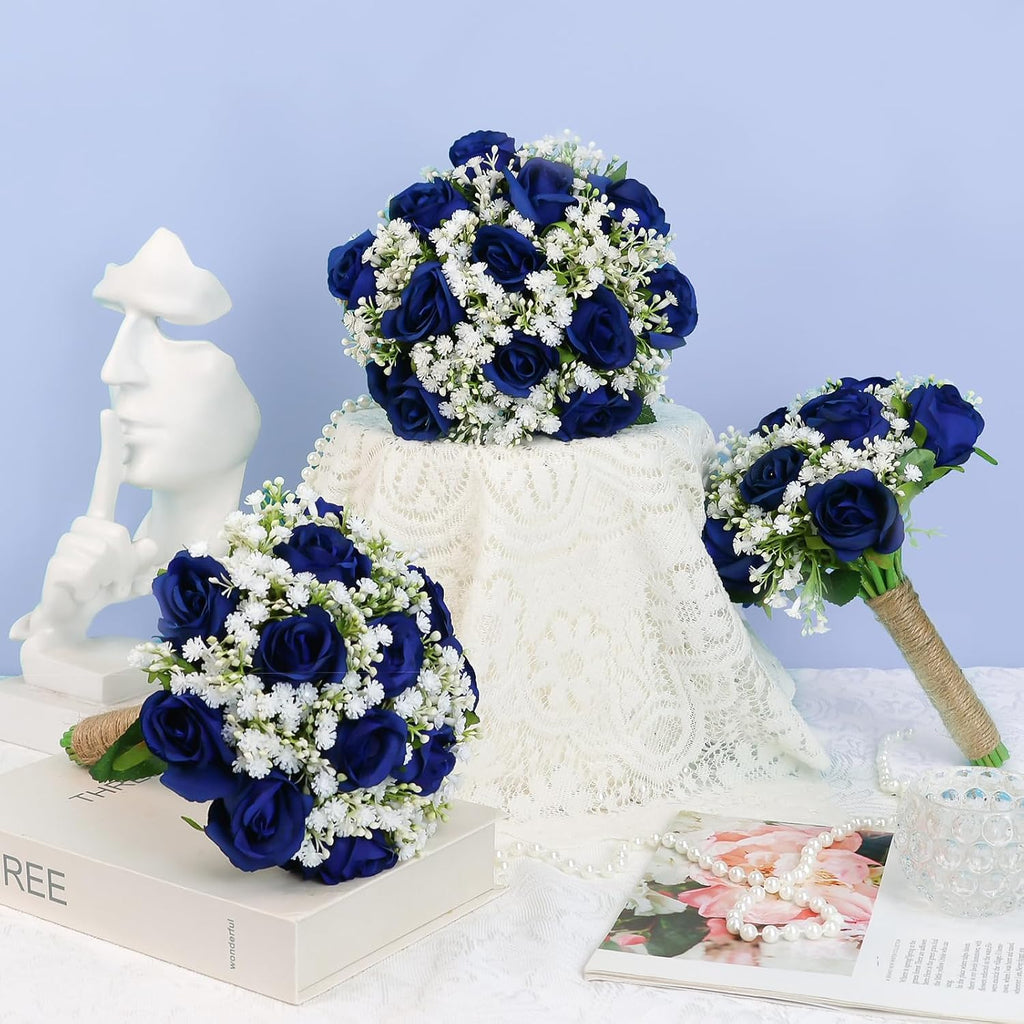 Artificial Bridesmaid Bouquets Set of 6 for Wedding-7 inch Navy Blue Flowers Bouquets for Bridesmaids, Faux Rose Gypsophila Rustic Small Floral Bouquet Fake Wedding Party Ceremony Anniversary Decor