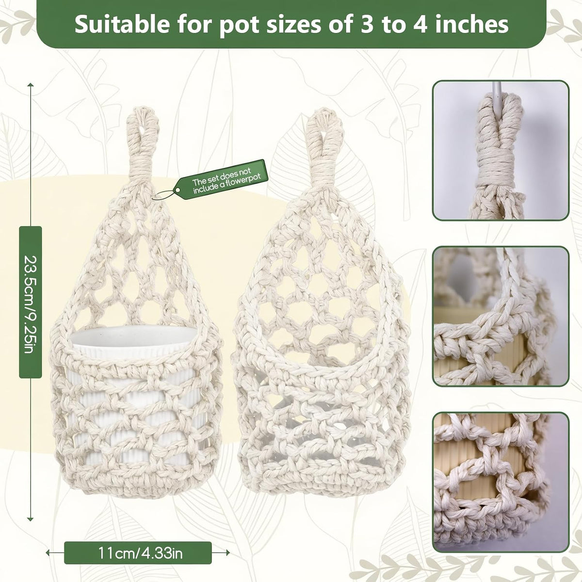 Macrame Wall Plant Hanger, Small Hanging Planter Basket Holder, Wall Planters for Indoor Plants, for Up to 4 Inch Pot (Ivory, 4-Inch)