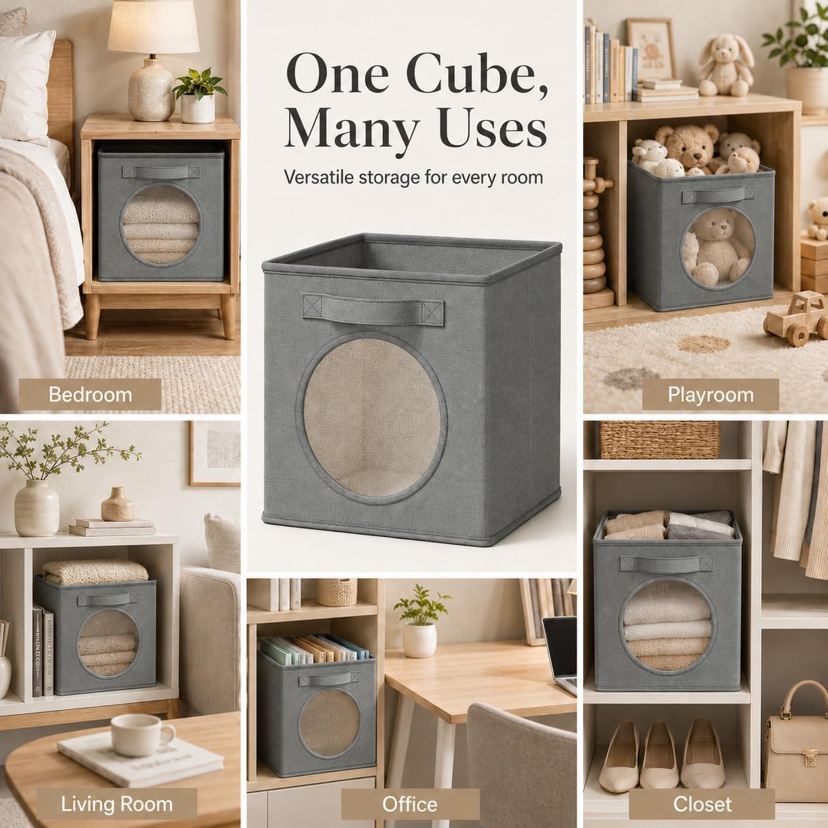 Storage Cubes with Mesh Window, 13'' Cube Storage Bin, Dark Gray, 4 Pack