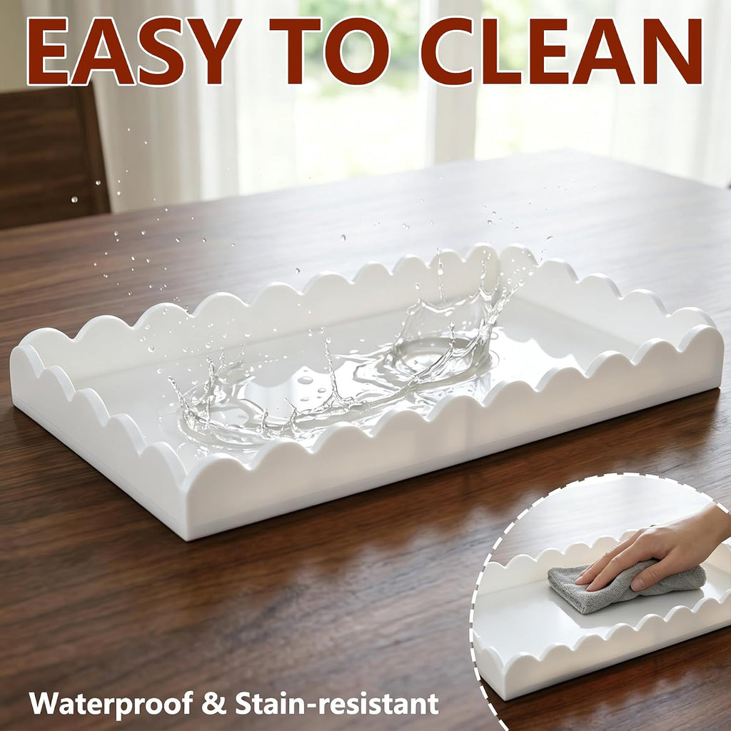 White Scalloped Acrylic Tray 5mm Thicken for Vanity Makeup,Perfume,Soap Dispenser,Napkin,12x6 Decorative Serving Tray for Bathroom,Toilet Tank, Sink Countertop,Coffee Table, Bedroom