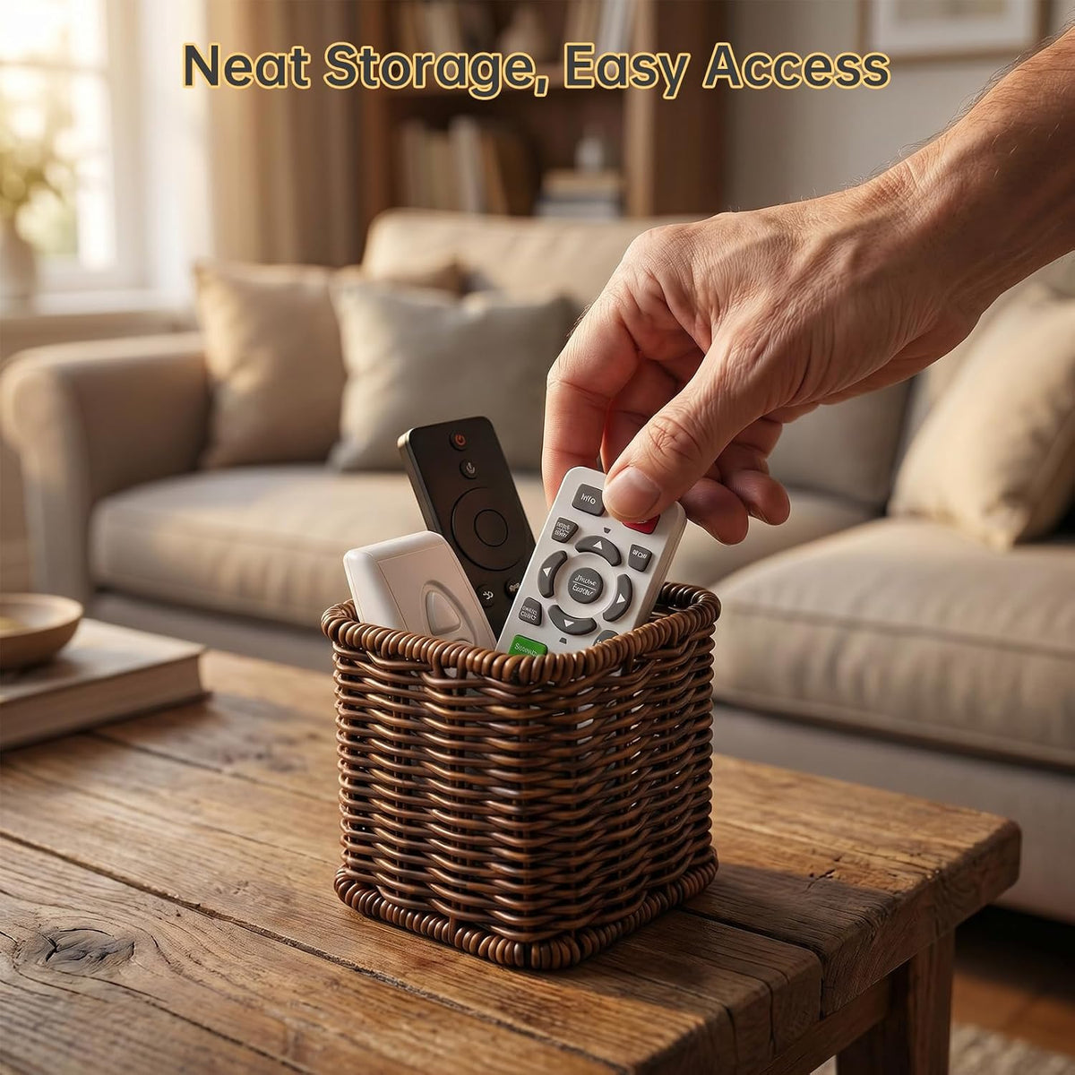 NiHome Dark Brown Remote Caddy, Bedside Remote Control Holder, Synthetic Rattan Organizer for TV Remotes, Makeup Brushes & Office Supplies, Stylish Remote Holder for Table, Living Room