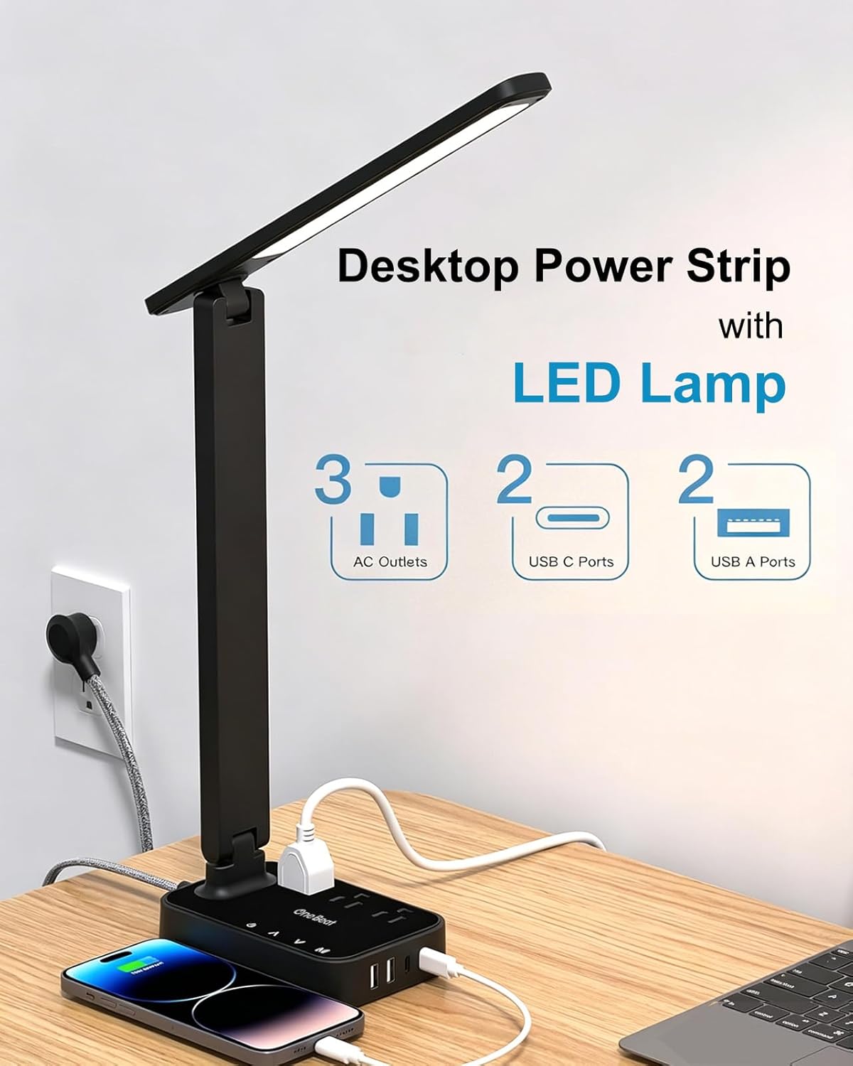 LED Desk Lamp, 10Ft Power Strip with 3 Outlets 4 USB Ports(2 USB C), Black