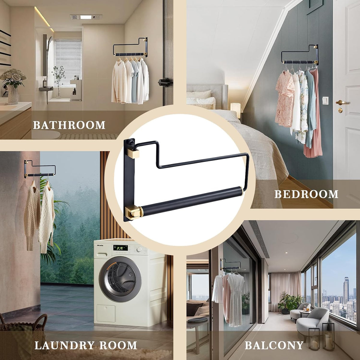 Folding Clothes Hanger Drying Rack Black Wall-Mounted Clothes Organizer for Laundry Room Closet Storage