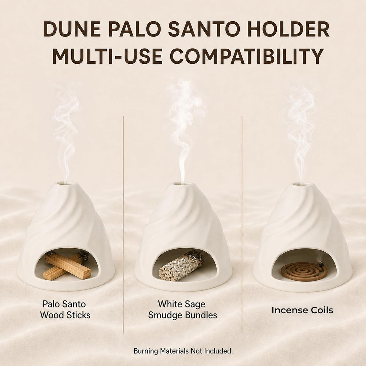 Palo Santo Holder, Ceramic Dune-Inspired Tactile Burner with Felt Pad and Fan Brush, Multi-Use Incense Holder for Palo Santo Sticks and Smudge Sage, Meditation and Home Decor -Cream