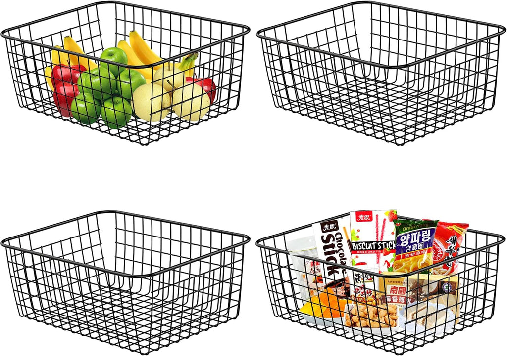 Wire Storage Baskets, Dveda 4 Pack 14.2" x 11.4" x 6.3" Large Metal Wire Storage Baskets, Black Pantry Organizer Baskets with Handles for Cabinets, Pantry Storage, Bathroom, Laundry, Garage